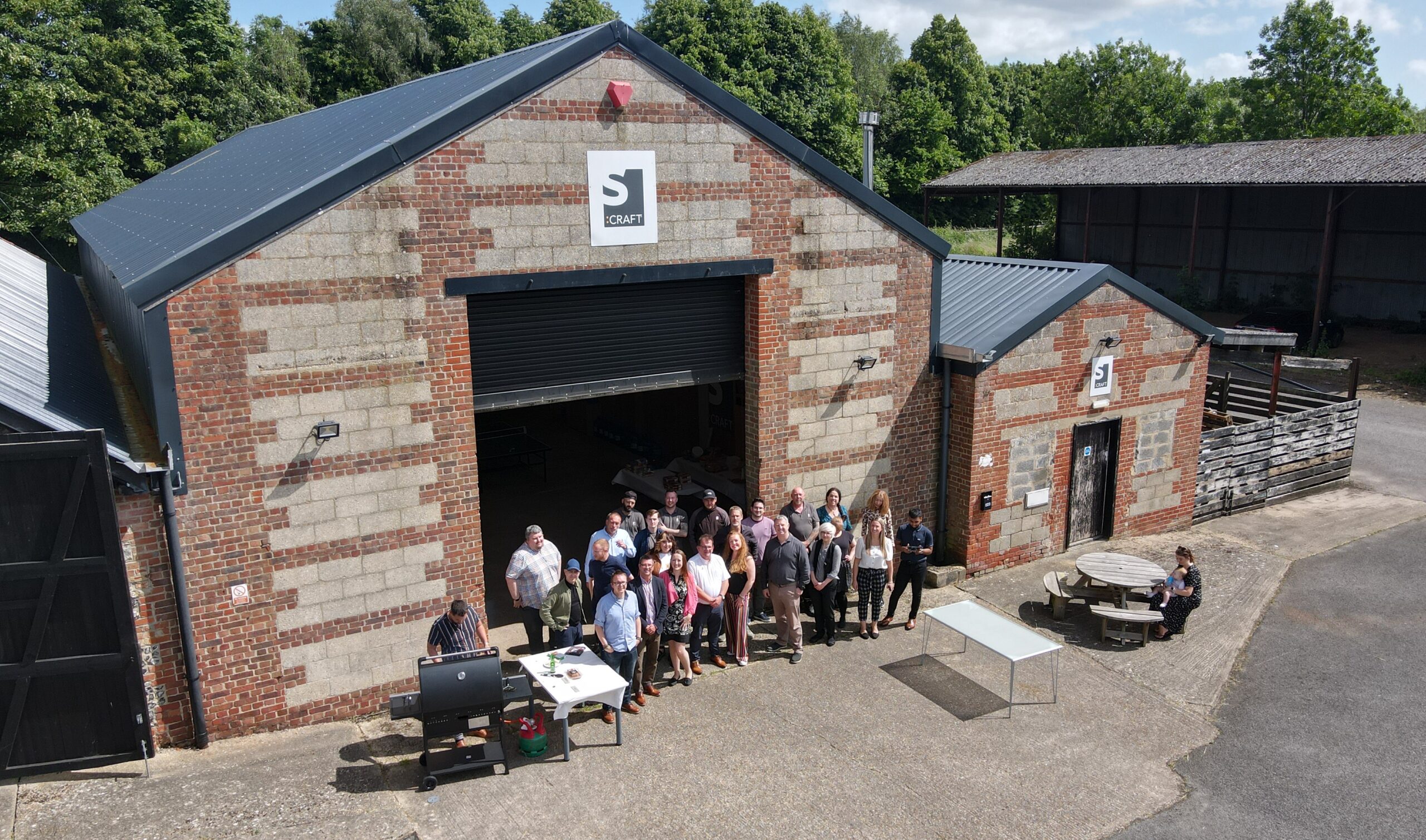 Drone shot of S:cRAFT team outside office